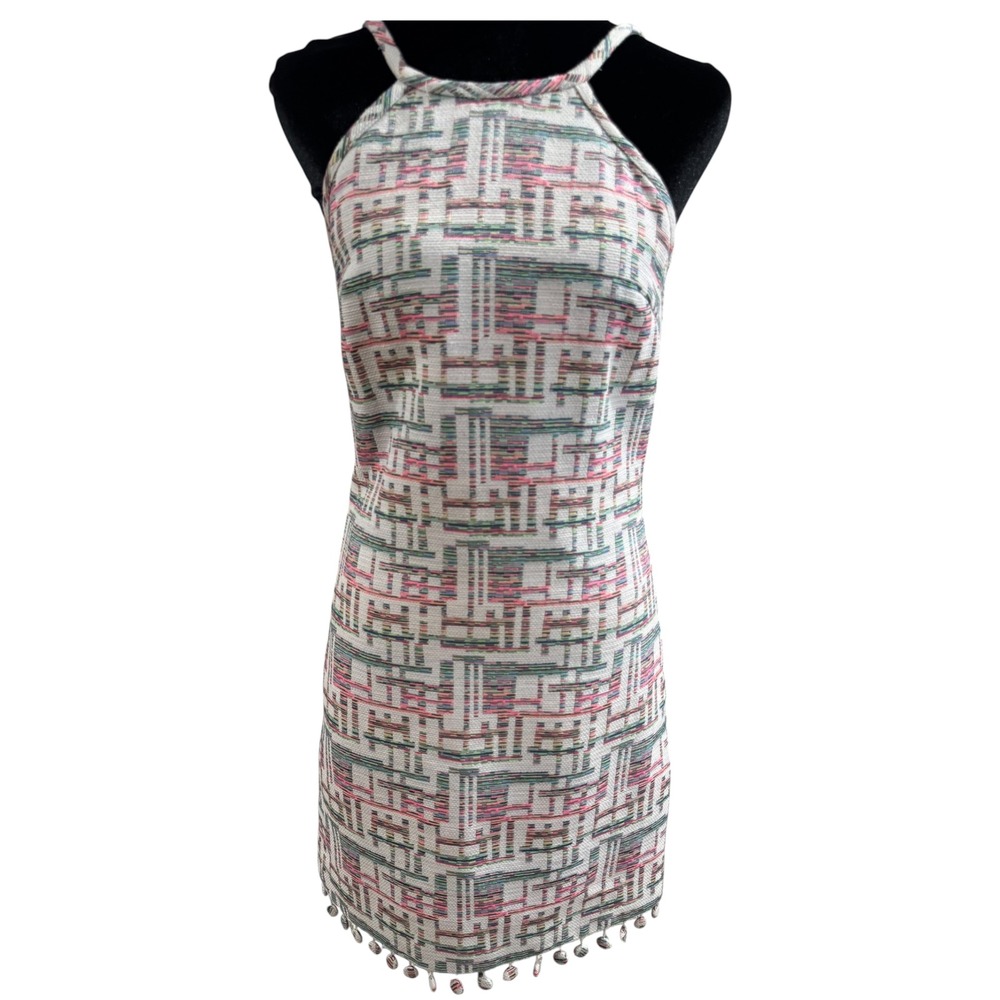 Trina Turk Multi Color Geometric Weave Mini Dress Pom Pom Trim Size 0 TD152019